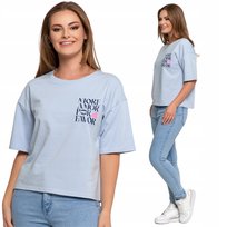 T-Shirt Damski Krótki Rękaw Bawełniany Z Napisami Oversize Luźny Moraj Xxl Blue