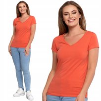 T-Shirt Koszulka Damska Bawełniana W Serek Na Krótki Rękaw Moraj Xl Orange