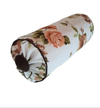 T00602 Poduszka wałek- żakard różowe kwiaty na białym tle  - DekorRacje