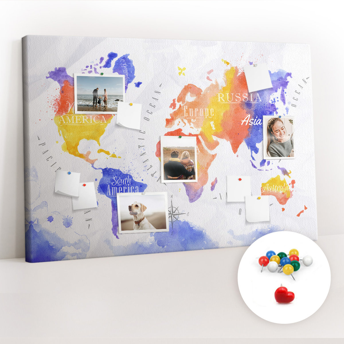 Фото - Дошка офісна Tablica Korkowa 120x80 cm + Kolorowe Pinezki - Akwarela mapa świata