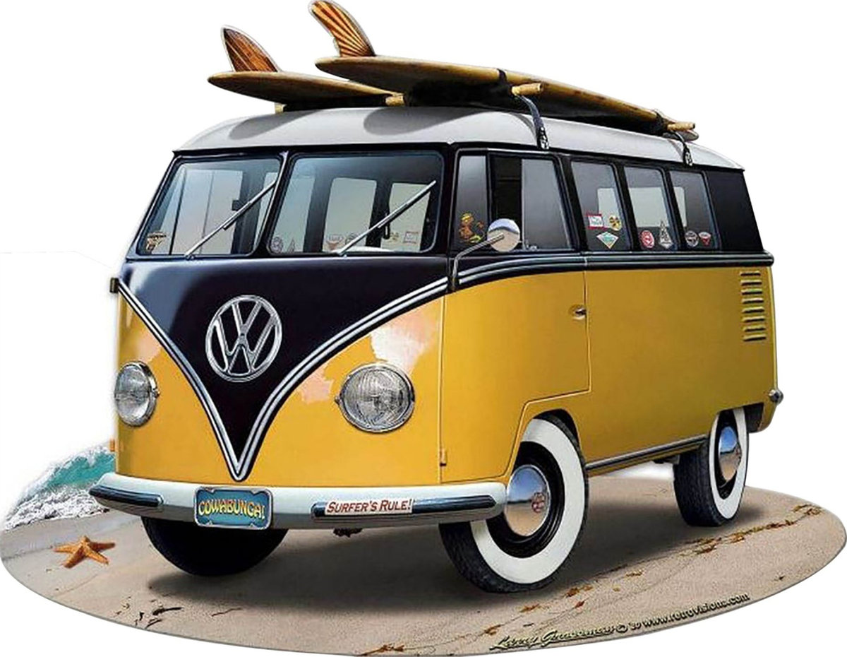Bőröndcimke, PVC - Volkswagen TRansporter VW T1 - Surf - Kék/Sárga