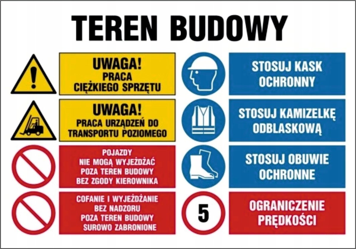 Tablica Praca Piotrków Tryb Okolice Tablica Teren budowy Praca ciężkiego sprzętu Stosuj kask 70x100cm PCV