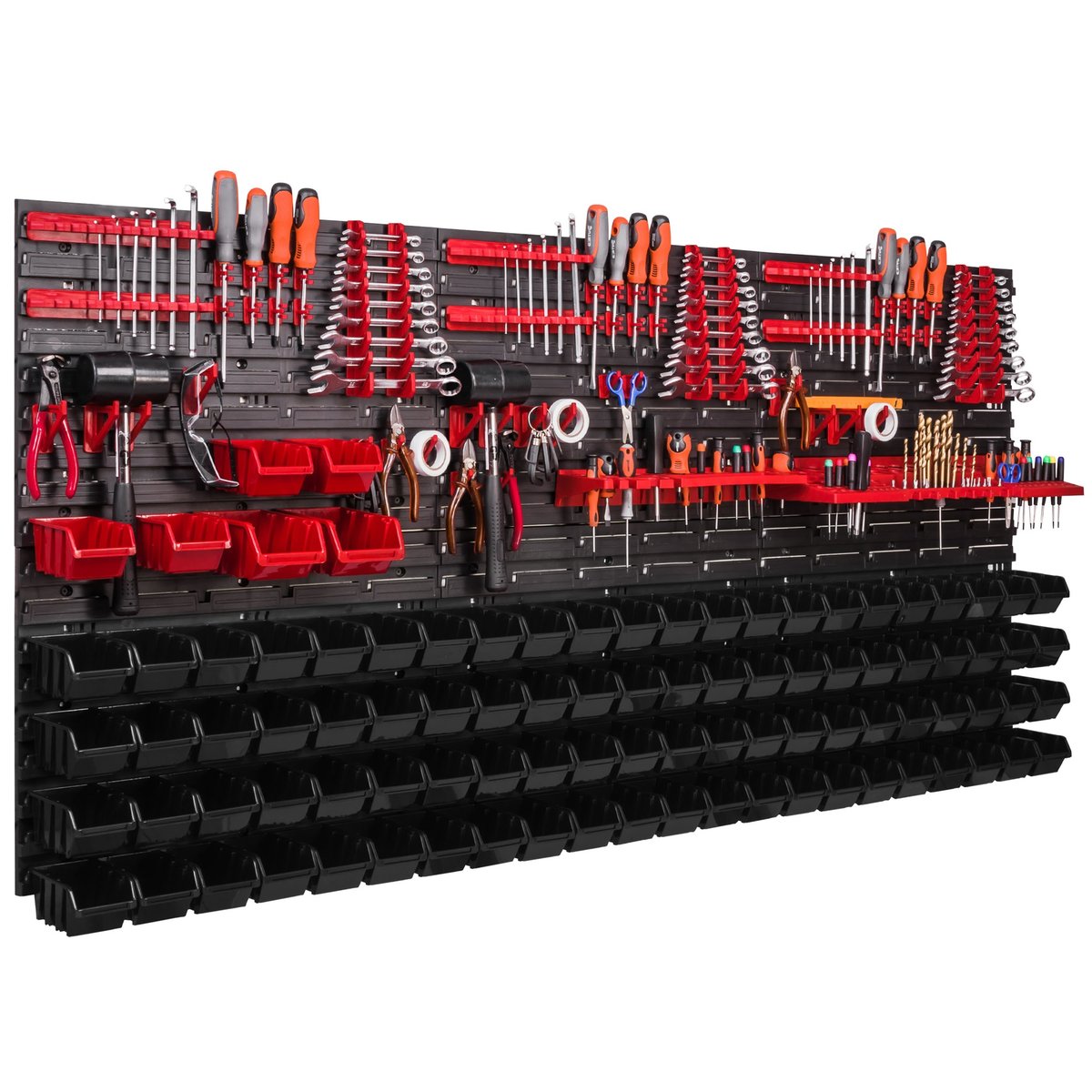 Botle Gereedschapswand, 1728 x 780 mm, stapelboxen, gereedschapshouders, wandplaat met houderrails, voor garage, magazijn, werkplaats en hobby (50 boxen oranje