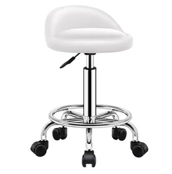 Taboret kosmetyczny fryzjerski z oparciem biały krzesło obrotowe hoker SPA mobilny - ENZO