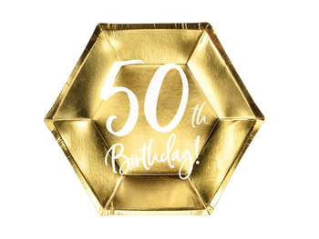 Talerzyki papierowe, 50th Birthday, złote, 20 cm, 6 sztuk - PartyDeco