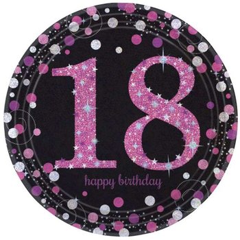 Talerzyki papierowe, Urodziny 18, Sparkling Celebrations Pink, 23 cm, 8 sztuk - Amscan