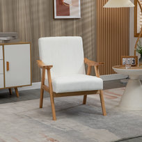 Tapicerowany fotel w stylu skandynawskim, optyka aksamitu, rama z masywnego drewna, 68 x 74 x 82 cm, Naturalny + Kremowy