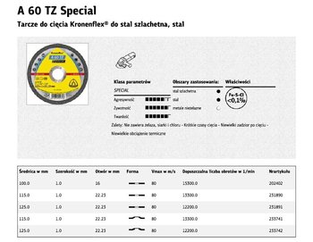 Tarcza do cięcia metalu KLINGSPOR TZ Special A60, 125x1,0 mm K202401 - KLINGSPOR