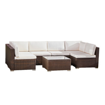 Teamson Home 7 Częściowy Zewnętrzny Ogród Tkany Rattan Wieloczęściowy Działowy Narożnik Sofa & Szklany Stół, Duży Zestaw Patio Konwersacyjny z Poduszkami, Brązowy - Teamson