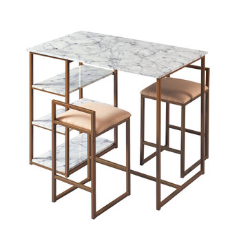 Teamson Home Marmo 3 częściowy zestaw śniadaniowy, stół barowy i 2 wyściełane krzesła ze stołkami z możliwością przechowywania, blat z białego stucznego marmuru i złote nogi z mosiądzu - Teamson