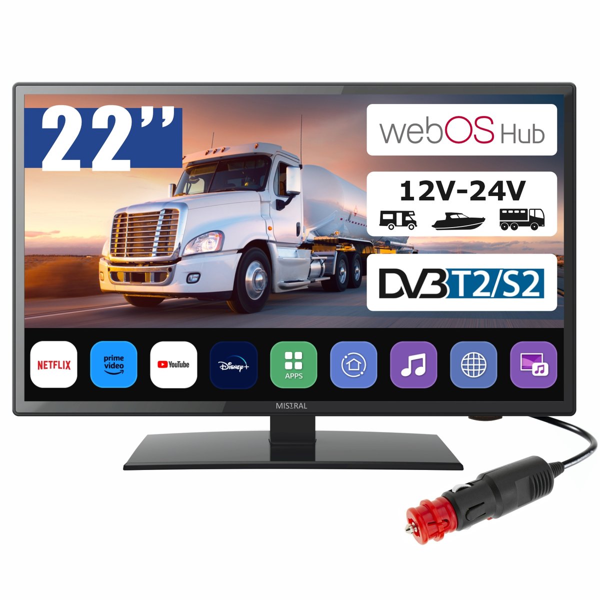 Gelhard GTV2226 LED Smart TV – 22 Inch Full HD Met WebOS, DVB-S2/C/T2, 12V En 230V, WiFi, Bluetooth En PVR-functie, Voor Camper En Thuis