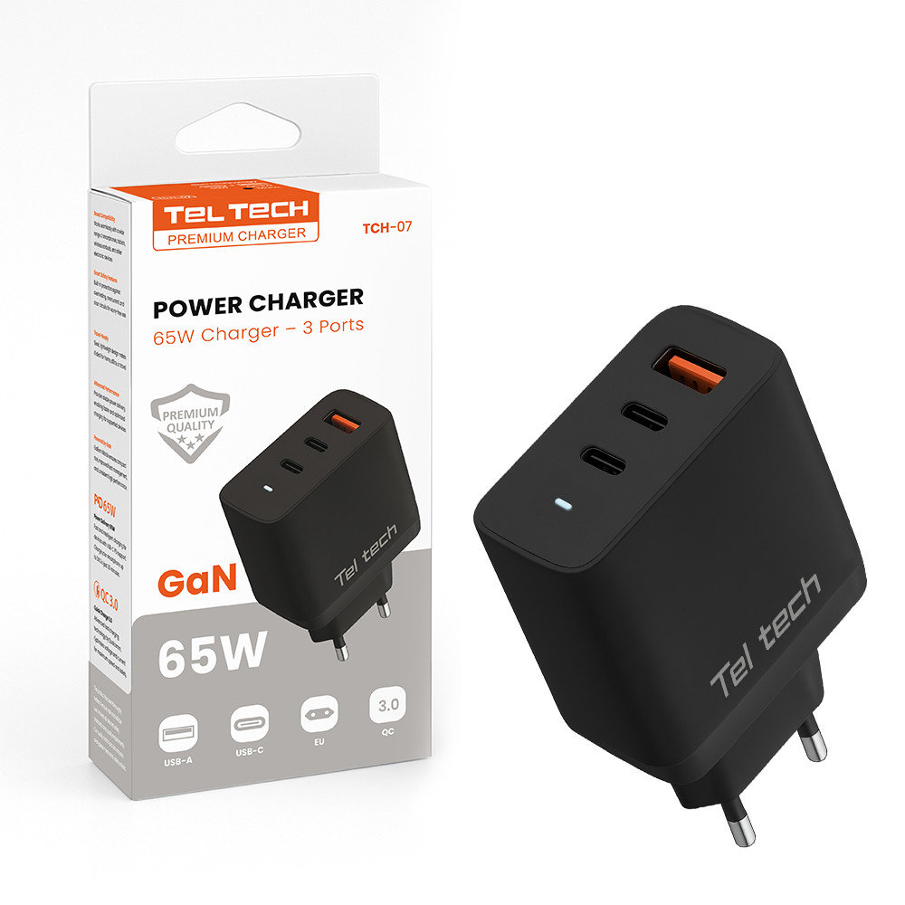 Teltech ładowarka sieciowa GaN USB / 2x USB-C 65W QC PD czarny TCH-07