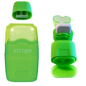 Temperówka podwójna z pojemnikiem i gumką, zielona - Strigo