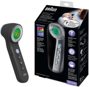 Termometr bezdotykowy BRAUN BNT400 - czarny dla dzieci i dorosłych z technologią Age Precision, pomiar posiłków, szybki odczyt z podświetleniem - Braun