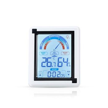 Termometr elektroniczny w kolorze BIAŁYM - termometr dotykowy LCD z zegarem do pomiaru temperatury, wilgotności, z możliwością przełączenia na stopnie Fahrenheita - Intirilife
