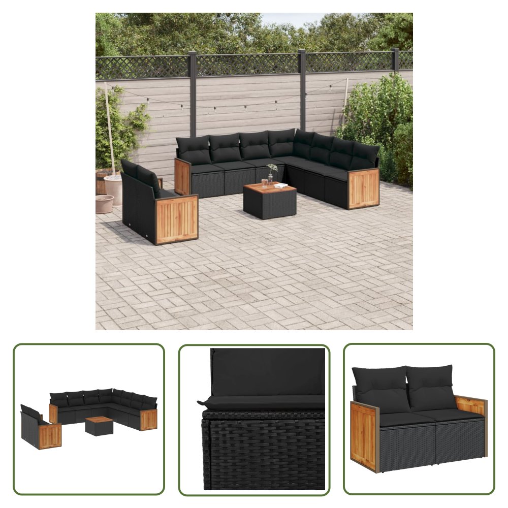 The Living Store 10-cz. zestaw wypoczynkowy do ogrodu - poduszki czarny rattan PE - Sofa Ogrodowa