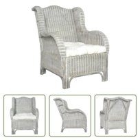 The Living Store Fotel z poduszką - szary - naturalny rattan i len - Sofa