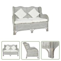 The Living Store Sofa 2-osobowa - szara - naturalny rattan i len - Sofa