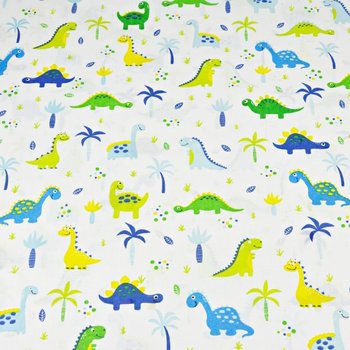 Tkanina bawełniana dinozaury niebiesko zielone z palemkami na białym tle - ANTEX