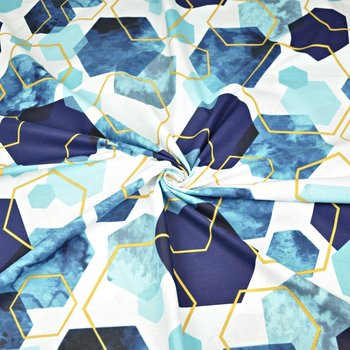Tkanina bawełniana geometryczne romby niebiesko złote na białym - ANTEX