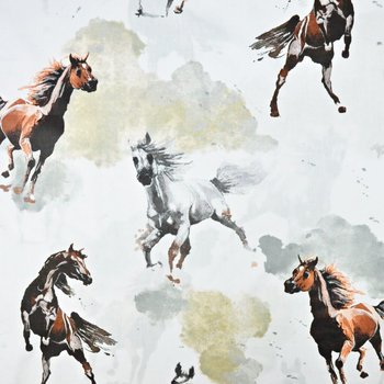Tkanina bawełniana konie brązowo białe na białym tle - ANTEX