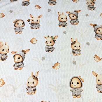 Tkanina bawełniana króliczki beżowe z ptaszkami na białym tle - ANTEX