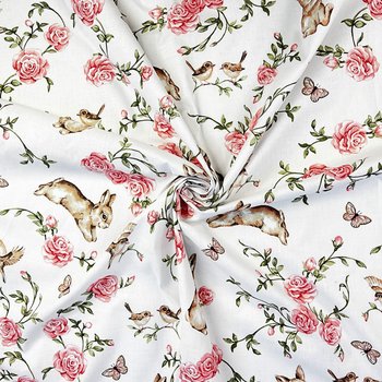 Tkanina bawełniana króliki i ptaszki z różami na białym tle - ANTEX