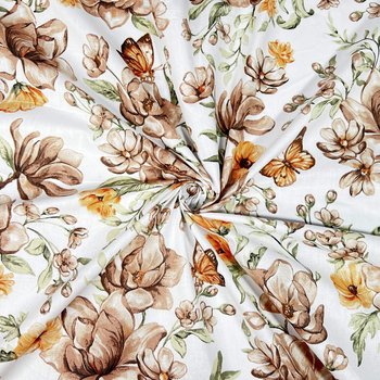 Tkanina bawełniana kwiaty brązowo pomarańczowe na białym tle - ANTEX