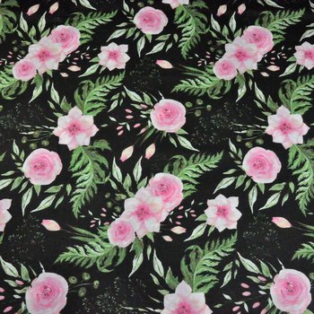 Tkanina bawełniana kwiaty eustoma różowa na czarnym tle - ANTEX