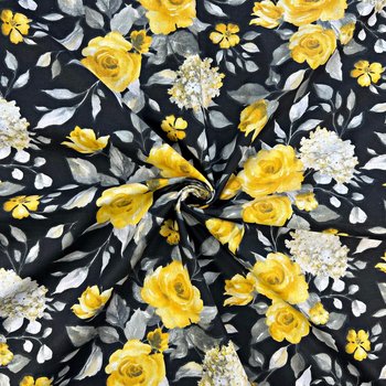 Tkanina bawełniana kwiaty róże żółte na czarnym tle - ANTEX