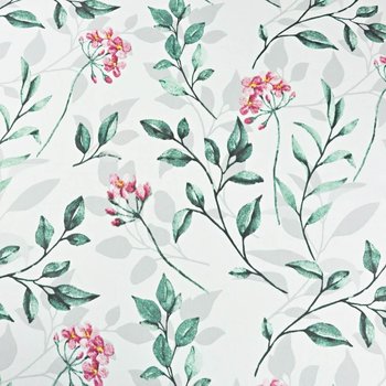Tkanina bawełniana kwiaty różowe z zielono szarymi liśćmi na białym tle - ANTEX