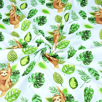Tkanina bawełniana leniwce z zielonymi liśćmi na białym tle - ANTEX