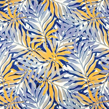 Tkanina bawełniana Liście palmowe niebiesko pomarańczowe na białym tle - ANTEX