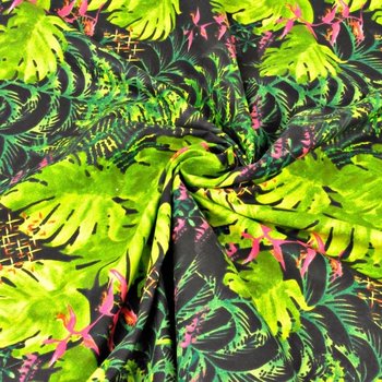 Tkanina bawełniana liście zielone palmowe ze storczykiem różowy na czarnym tle - 220cm - ANTEX