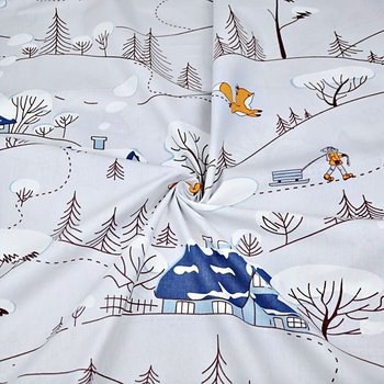 Tkanina bawełniana Liski w zimie z niebieskimi domkami na szarym tle - ANTEX