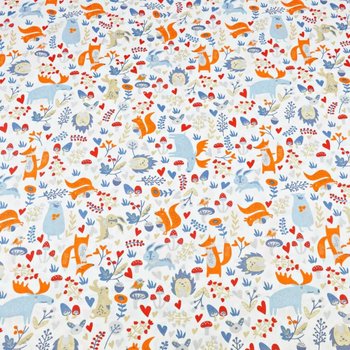 Tkanina bawełniana łosie niebiesko pomarańczowe z zwierzętami na łące na białym tle - ANTEX