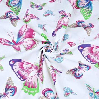 Tkanina bawełniana motylki różowo niebieskie na białym tle - ANTEX