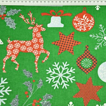 Tkanina bawełniana of wzór świąteczny jelonki z choinkami na zielonym tle - ANTEX