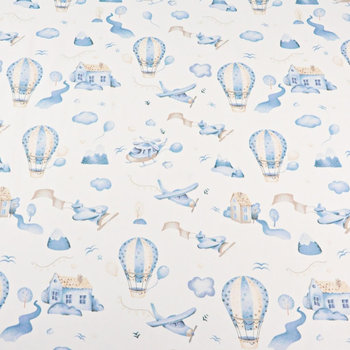 Tkanina bawełniana samoloty i balony niebiesko beżowe na białym tle - ANTEX