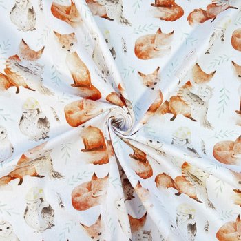 Tkanina bawełniana sówki z liskami na białym tle - ANTEX