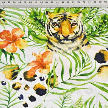 Tkanina bawełniana Tygrysy z liśćmi i kwiatami na białym tle - ANTEX