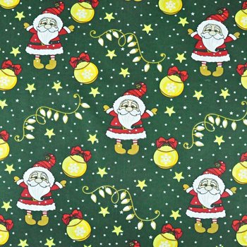 Tkanina bawełniana wzór świąteczny mikołaje z bombkami na ciemno zielonym tle - ANTEX