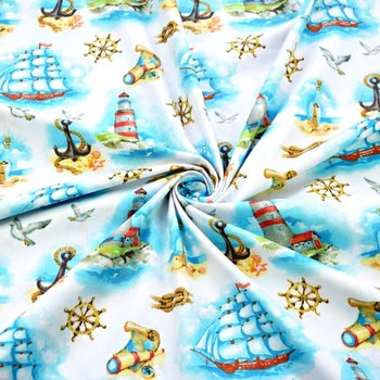 Tkanina bawełniana wzory marynarskie latarnie i statki niebieskie na białym tle - ANTEX