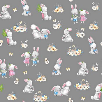 Tkanina bawełniana zakochane króliki na ciemno szarym tle - ANTEX