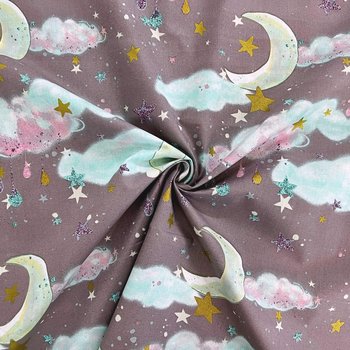 Tkanina bawełniana złocona księżyce z chmurkami na fioletowym tle - ANTEX