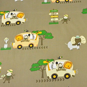 Tkanina bawełniana zwierzęta Safari bus na khaki tle - ANTEX