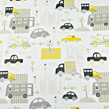 Tkanina Muślin bawełniany samochody w mieście szaro żółte na białym tle - ANTEX