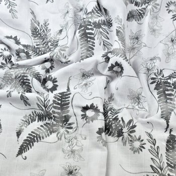 Tkanina Muślin bawełniany szare liście paproci na białym tle - ANTEX