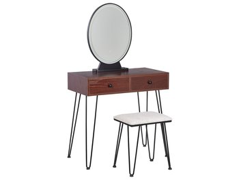 Toaletka 2 szuflady lustro LED ze stołkiem ciemne drewno z czarnym LOIX - Beliani