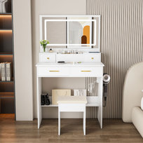 Toaletka do sypialni z lustrem XXL (75 x 48 cm), wraz z tapicerowanym stołkiem, gniazdkiem elektrycznym, uchwytem na suszarkę do włosów, 4 szufladami, 3-kolorowym ściemnialnym oświetleniem